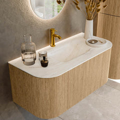 MONDIAZ KURVE-DLUX 100cm badmeubel ronding Links + Rechts kleur Oak met 1 lade en 2 deuren. Wastafel GRUNNE Midden 1 kraangat Ostra.