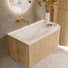 MONDIAZ KURVE-DLUX 85cm badmeubel ronding Rechts kleur Oak met 1 lade en 1 deur. Wastafel CLOUD Links zonder kraangat Ostra.