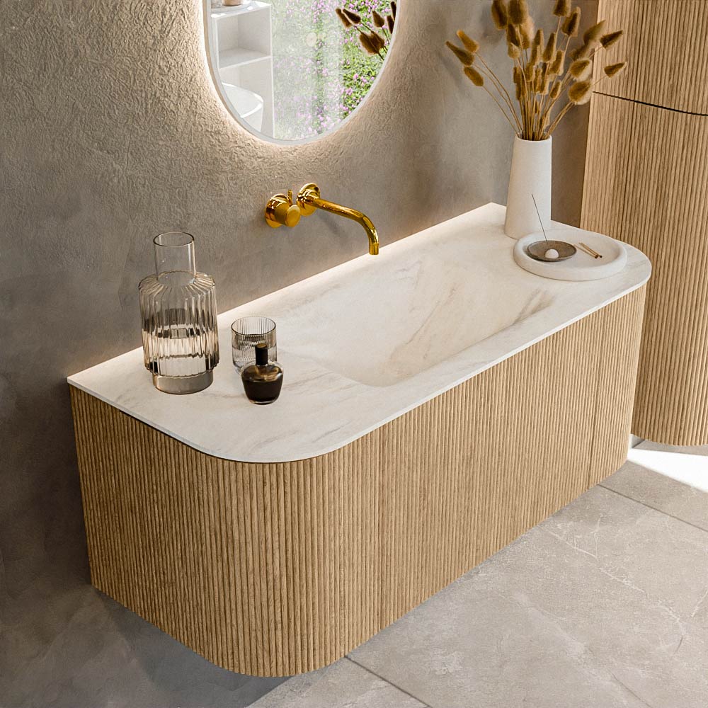 MONDIAZ KURVE-DLUX 110cm badmeubel ronding Links + Rechts kleur Oak met 1 lade en 2 deuren. Wastafel CLOUD Midden zonder kraangat Ostra.