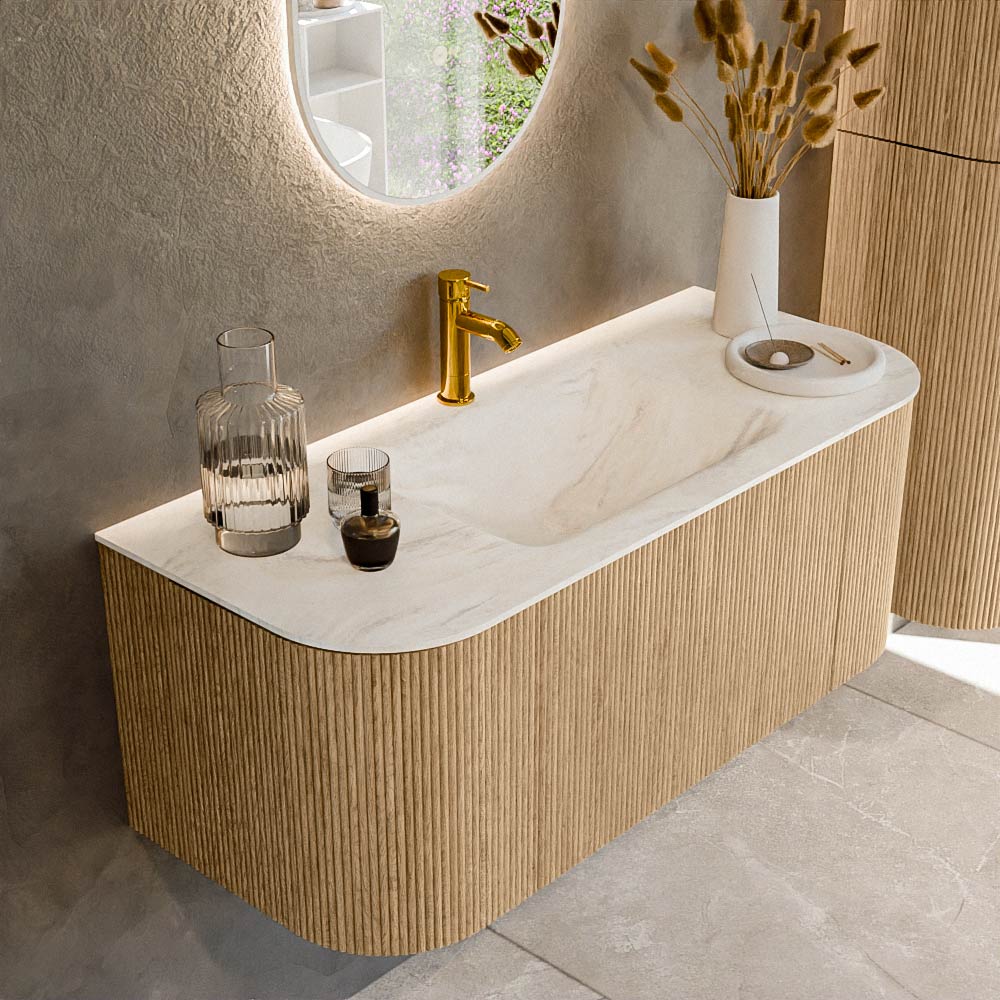 MONDIAZ KURVE-DLUX 110cm badmeubel ronding Links + Rechts kleur Oak met 1 lade en 2 deuren. Wastafel CLOUD Midden 1 kraangat Ostra.
