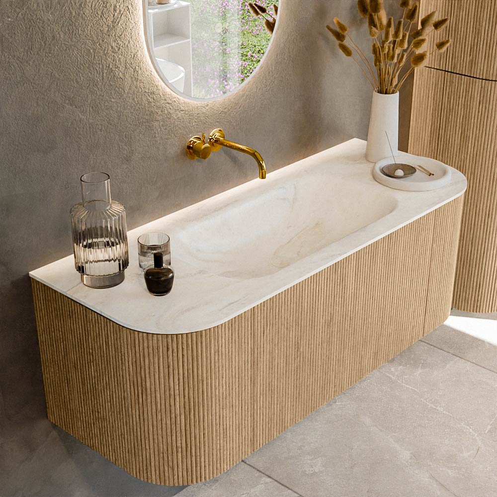 MONDIAZ KURVE-DLUX 120cm badmeubel ronding Links + Rechts kleur Oak met 1 lade en 2 deuren. Wastafel BIG SMALL Midden zonder kraangat Ostra.