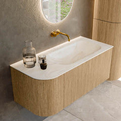 MONDIAZ KURVE-DLUX 105cm badmeubel ronding Links kleur Oak met 1 lade en 1 deur. Wastafel BIG SMALL Rechts zonder kraangat Ostra.