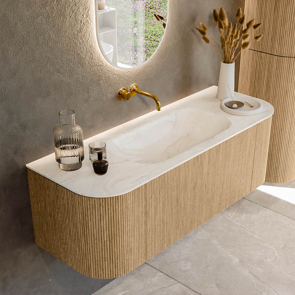 MONDIAZ KURVE-DLUX 130cm badmeubel ronding Links + Rechts kleur Oak met 1 lade en 2 deuren. Wastafel BIG SMALL Midden zonder kraangat Ostra.