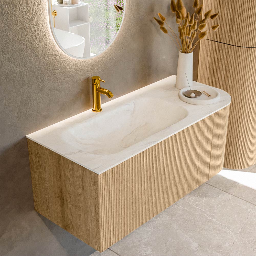MONDIAZ KURVE-DLUX 105cm badmeubel ronding Rechts kleur Oak met 1 lade en 1 deur. Wastafel BIG SMALL Links 1 kraangat Ostra.
