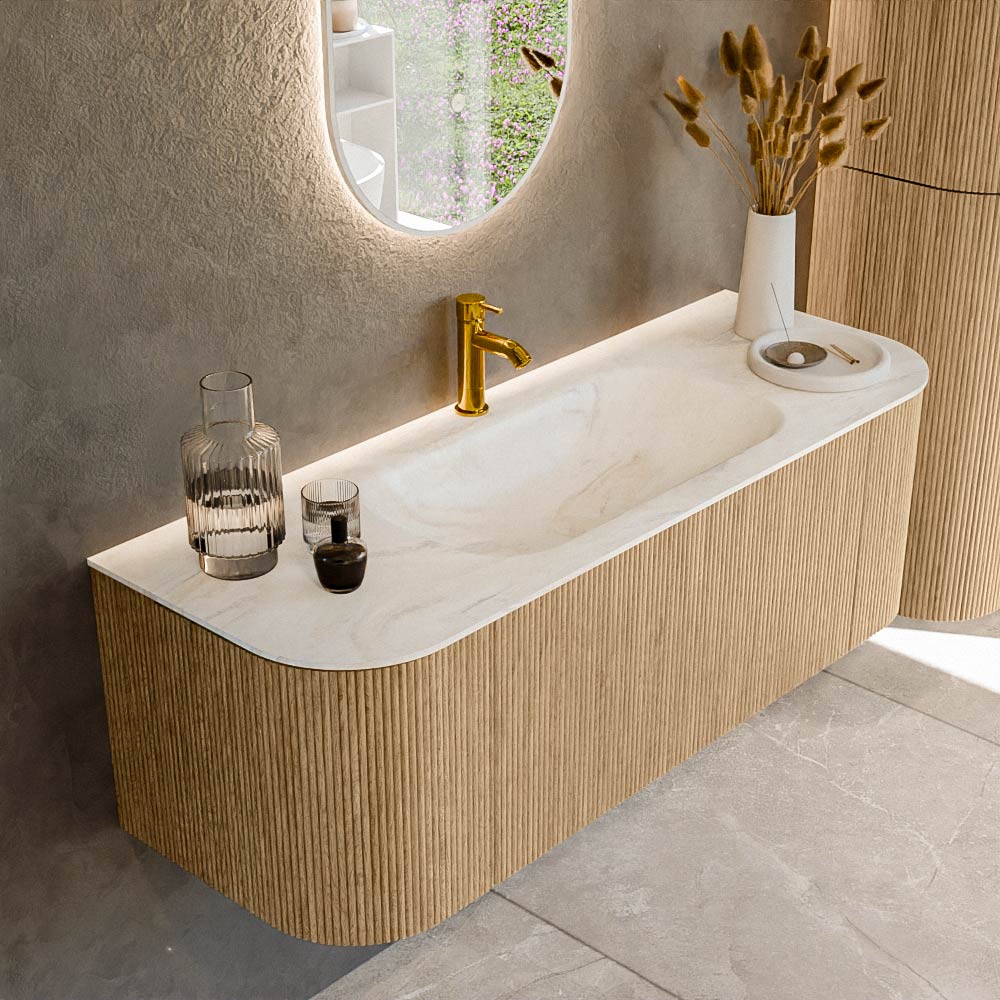 MONDIAZ KURVE-DLUX 130cm badmeubel ronding Links + Rechts kleur Oak met 1 lade en 2 deuren. Wastafel BIG SMALL Midden 1 kraangat Ostra.