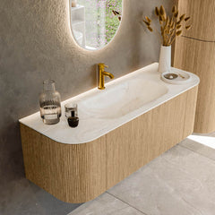 MONDIAZ KURVE-DLUX 130cm badmeubel ronding Links + Rechts kleur Oak met 1 lade en 2 deuren. Wastafel BIG SMALL Midden 1 kraangat Ostra.