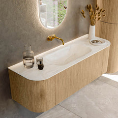 MONDIAZ KURVE-DLUX 140cm badmeubel ronding Links + Rechts kleur Oak met 1 lade en 2 deuren. Wastafel BIG SMALL Midden zonder kraangat Ostra.