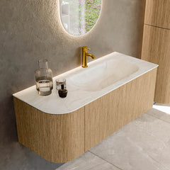 MONDIAZ KURVE-DLUX 115cm badmeubel ronding Links kleur Oak met 1 lade en 1 deur. Wastafel BIG SMALL Rechts 1 kraangat Ostra.