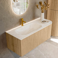 MONDIAZ KURVE-DLUX 115cm badmeubel ronding Rechts kleur Oak met 1 lade en 1 deur. Wastafel BIG SMALL Links 1 kraangat Ostra.