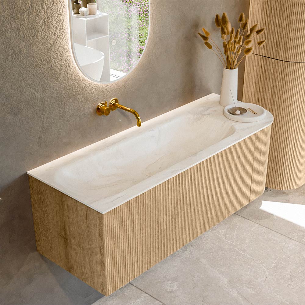 MONDIAZ KURVE-DLUX 125cm badmeubel ronding Rechts kleur Oak met 1 lade en 1 deur. Wastafel BIG MEDIUM Links zonder kraangat Ostra.