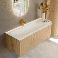 MONDIAZ KURVE-DLUX 125cm badmeubel ronding Rechts kleur Oak met 1 lade en 1 deur. Wastafel BIG MEDIUM Links 1 kraangat Ostra.
