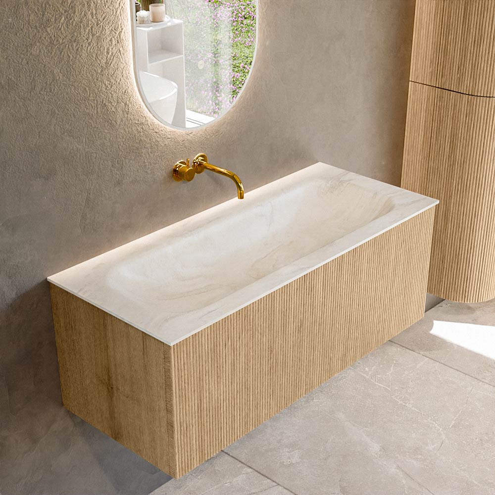 MONDIAZ KURVE-DLUX 110cm badmeubel kleur Oak met 1 lade en 0 deuren. Wastafel BIG MEDIUM Midden zonder kraangat Ostra.