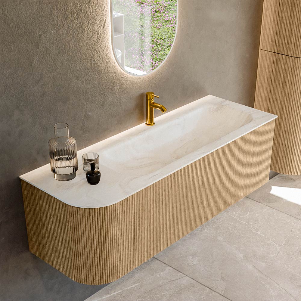 MONDIAZ KURVE-DLUX 135cm badmeubel ronding Links kleur Oak met 1 lade en 1 deur. Wastafel BIG MEDIUM Rechts 1 kraangat Ostra.