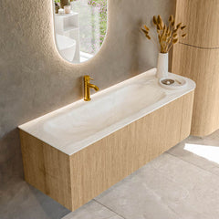 MONDIAZ KURVE-DLUX 135cm badmeubel ronding Rechts kleur Oak met 1 lade en 1 deur. Wastafel BIG MEDIUM Links 1 kraangat Ostra.
