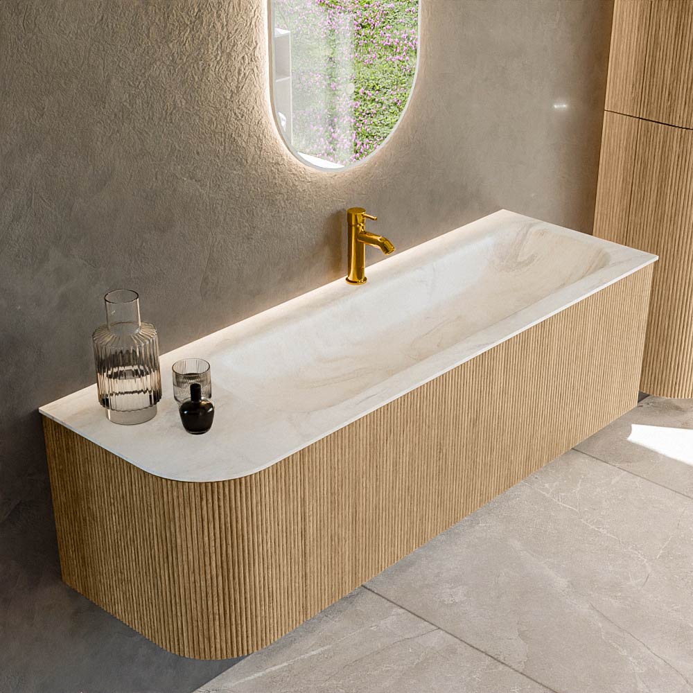 MONDIAZ KURVE-DLUX 145cm badmeubel ronding Links kleur Oak met 1 lade en 1 deur. Wastafel BIG LARGE Rechts 1 kraangat Ostra.