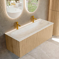 MONDIAZ KURVE-DLUX 120cm badmeubel kleur Oak met 1 lade en 0 deuren. Wastafel BIG LARGE Midden 2 kraangaten Ostra.