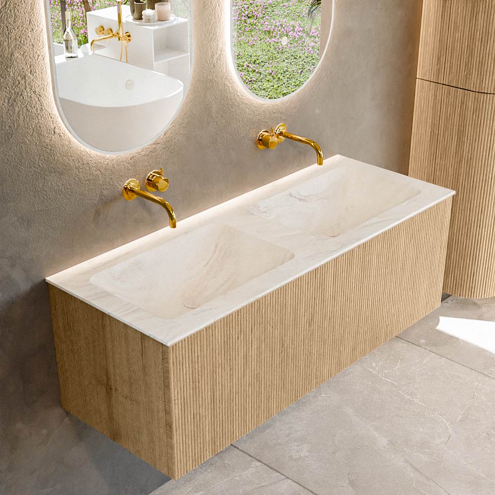MONDIAZ KURVE-DLUX 120cm badmeubel kleur Oak met 1 lade en 0 deuren. Wastafel LEAF Dubbel zonder kraangat Ostra.