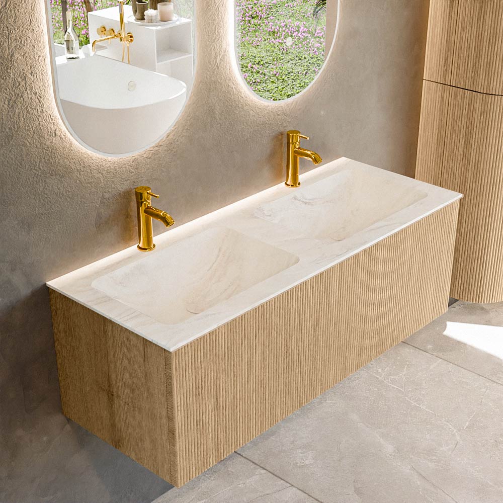 MONDIAZ KURVE-DLUX 120cm badmeubel kleur Oak met 1 lade en 0 deuren. Wastafel LEAF Dubbel 2 kraangaten Ostra.