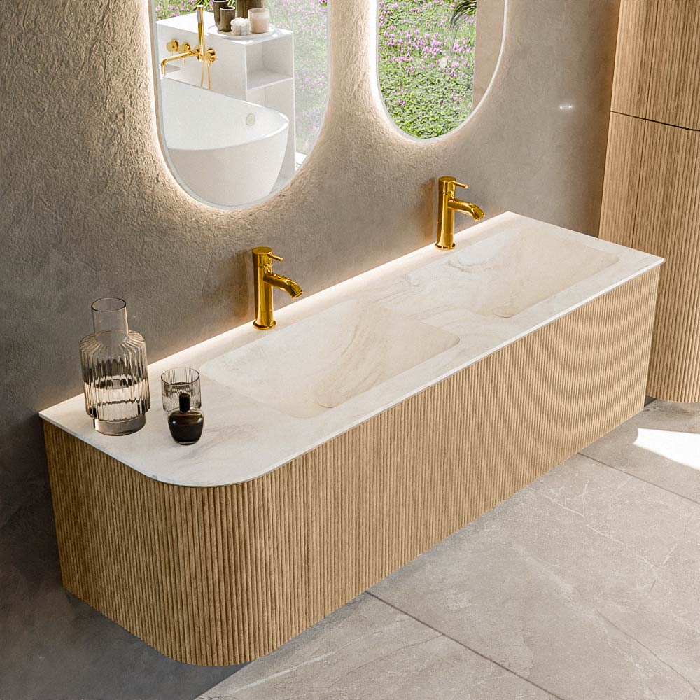 MONDIAZ KURVE-DLUX 145cm badmeubel ronding Links kleur Oak met 1 lade en 1 deur. Wastafel LEAF Dubbel / Rechts 2 kraangaten Ostra.