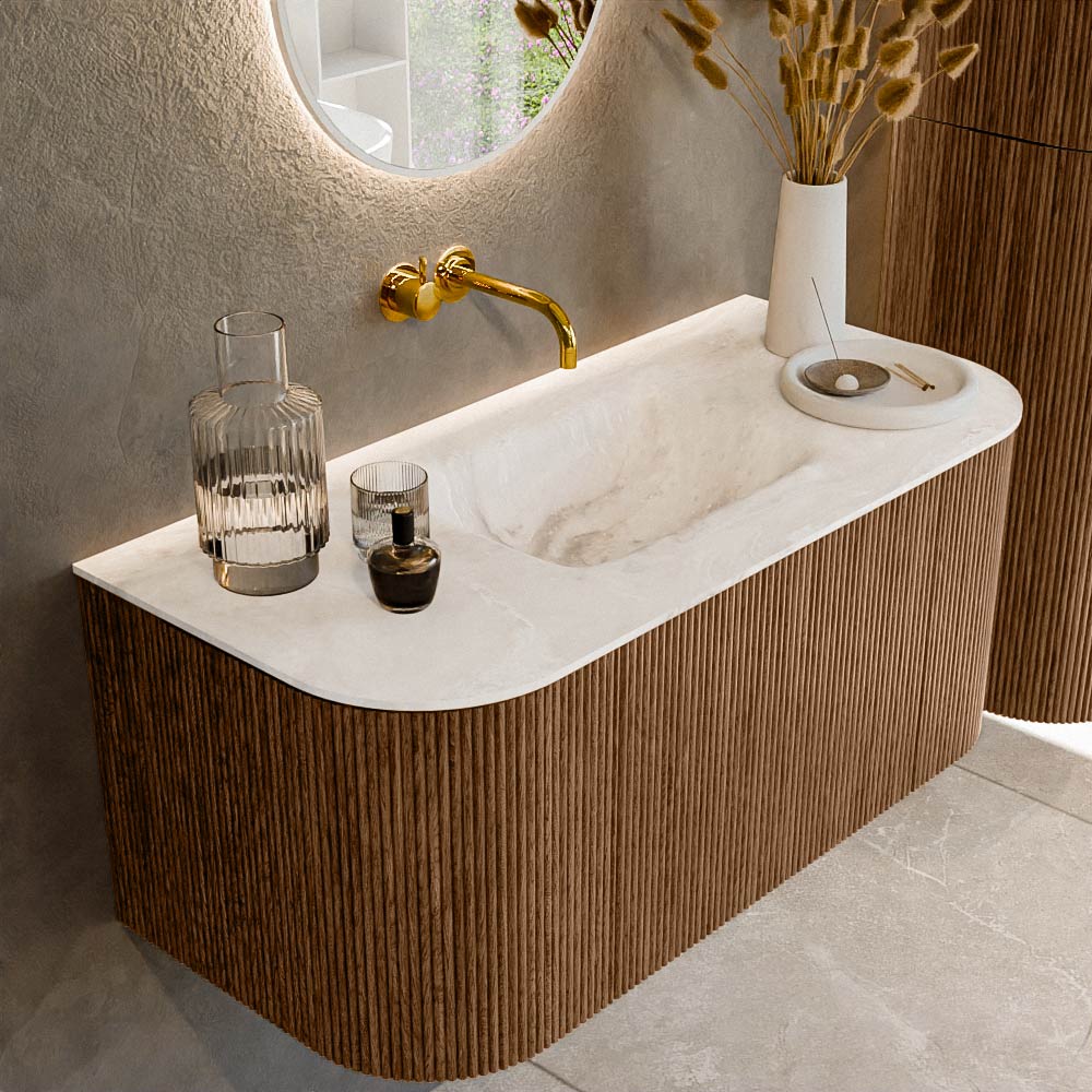 MONDIAZ KURVE-DLUX 100cm badmeubel ronding Links + Rechts kleur Walnut met 1 lade en 2 deuren. Wastafel GRUNNE Midden zonder kraangat Frappe.