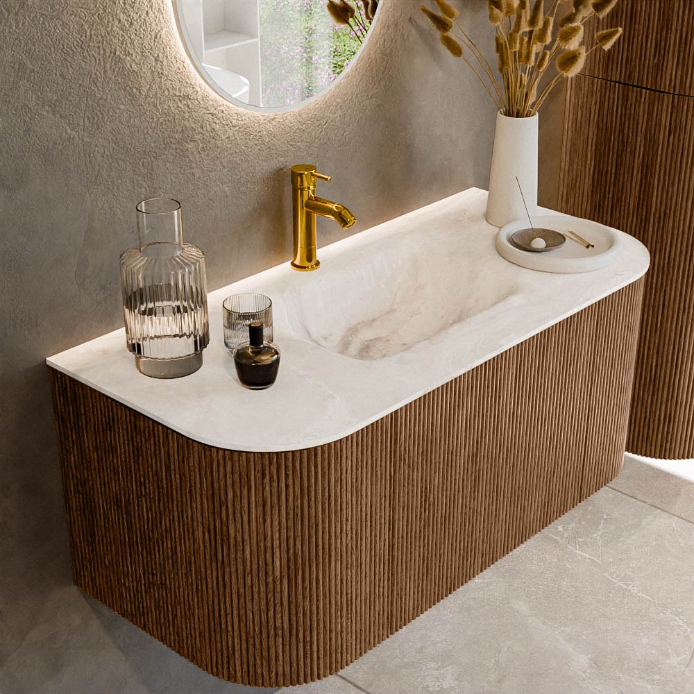 MONDIAZ KURVE-DLUX 100cm badmeubel ronding Links + Rechts kleur Walnut met 1 lade en 2 deuren. Wastafel GRUNNE Midden 1 kraangat Frappe.