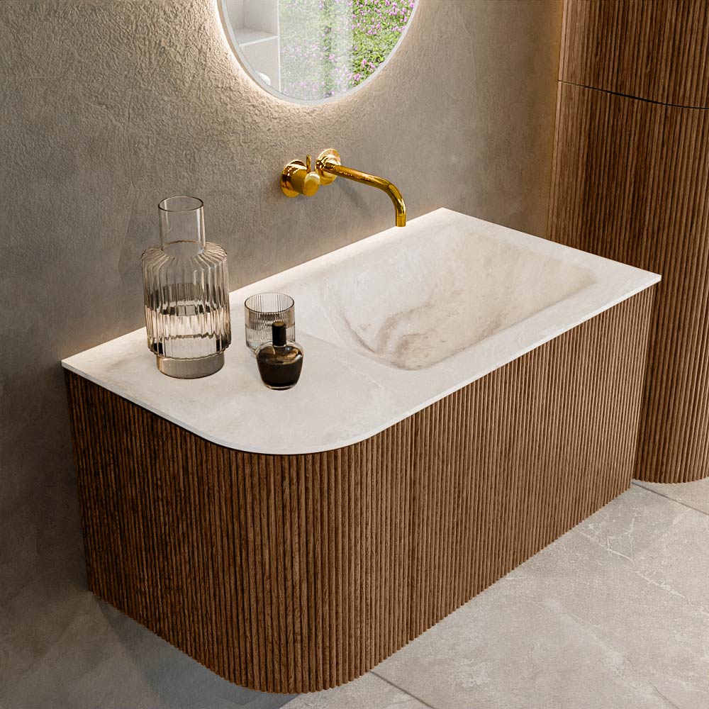 MONDIAZ KURVE-DLUX 85cm badmeubel ronding Links kleur Walnut met 1 lade en 1 deur. Wastafel CLOUD Rechts zonder kraangat Frappe.