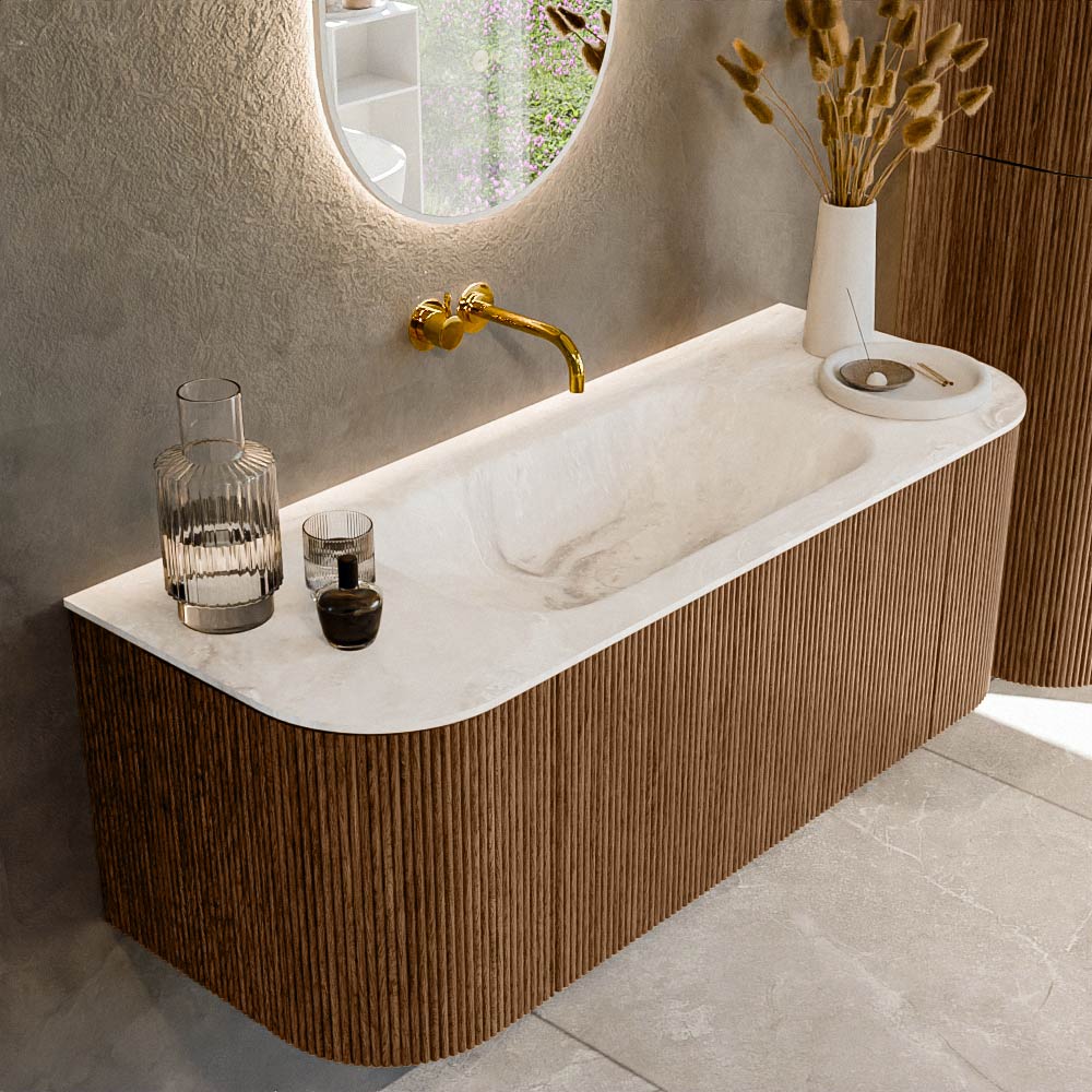 MONDIAZ KURVE-DLUX 120cm badmeubel ronding Links + Rechts kleur Walnut met 1 lade en 2 deuren. Wastafel BIG SMALL Midden zonder kraangat Frappe.