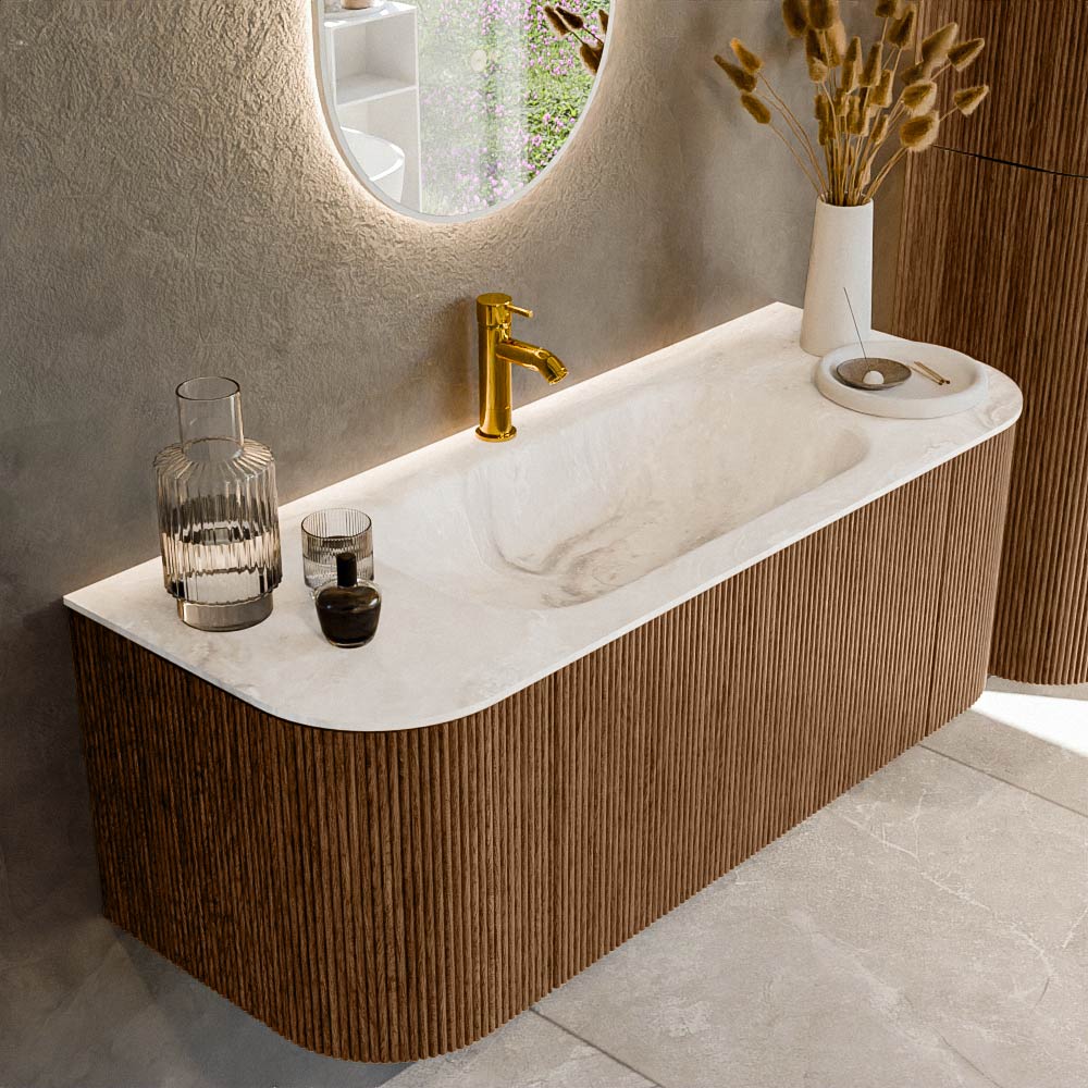 MONDIAZ KURVE-DLUX 120cm badmeubel ronding Links + Rechts kleur Walnut met 1 lade en 2 deuren. Wastafel BIG SMALL Midden 1 kraangat Frappe.