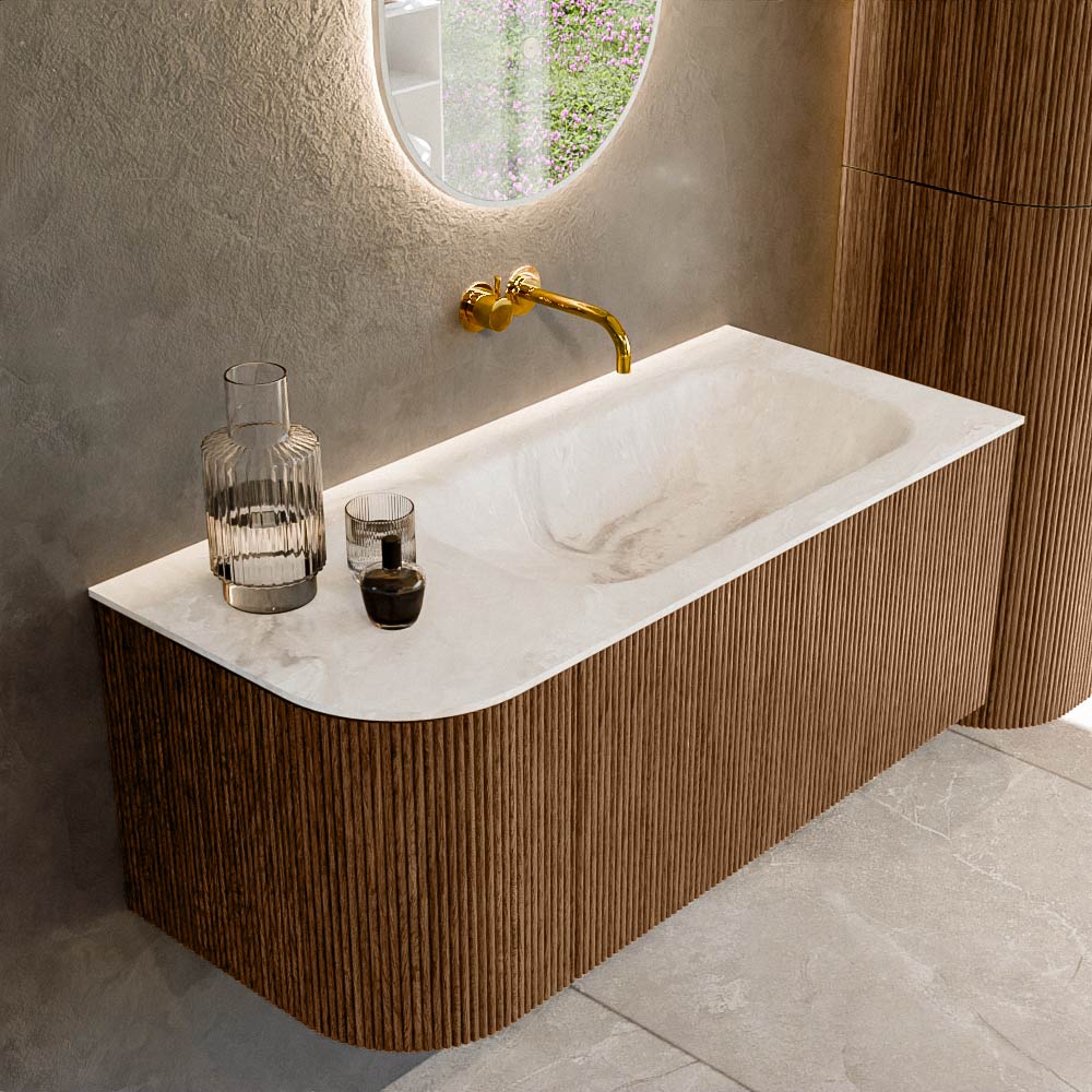 MONDIAZ KURVE-DLUX 105cm badmeubel ronding Links kleur Walnut met 1 lade en 1 deur. Wastafel BIG SMALL Rechts zonder kraangat Frappe.