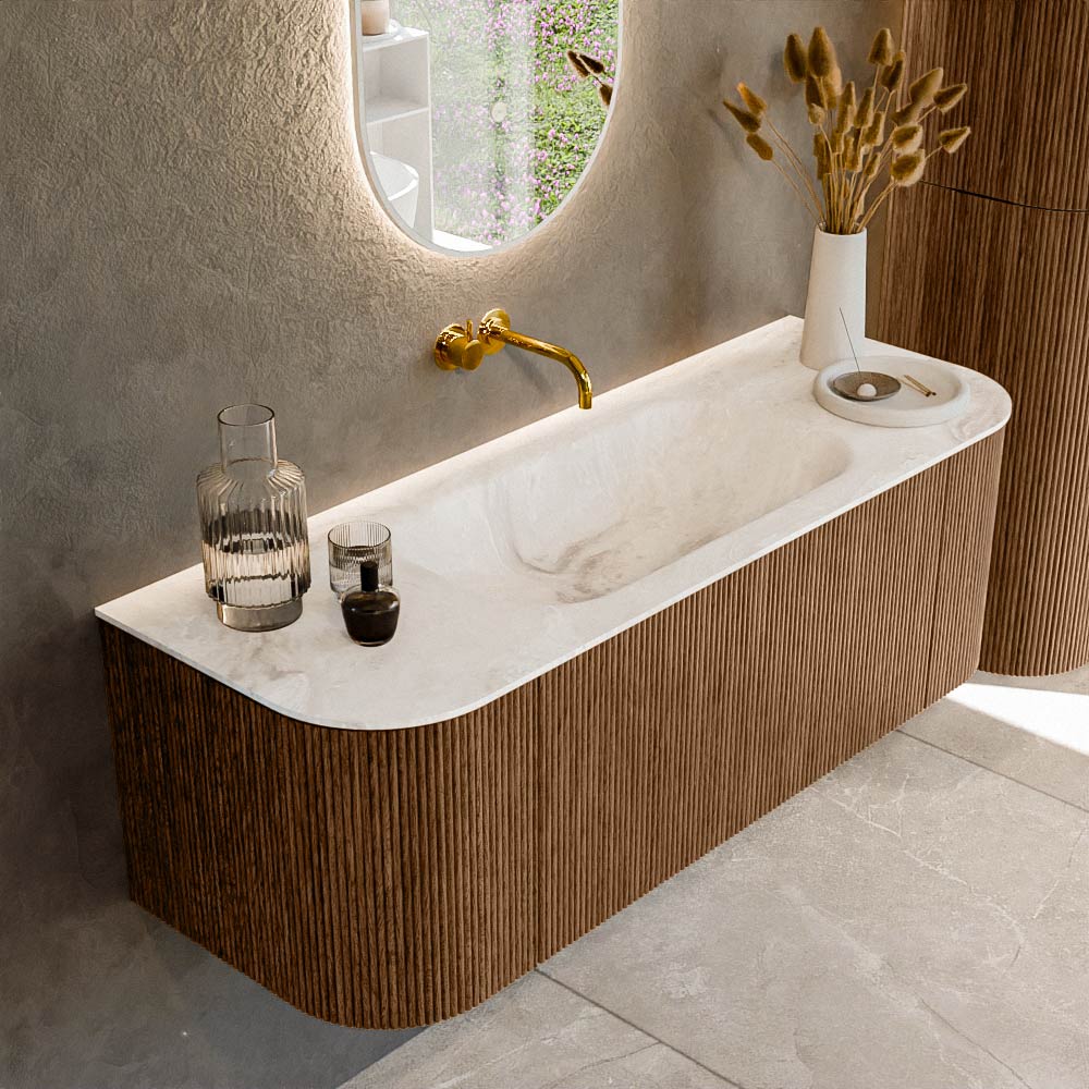MONDIAZ KURVE-DLUX 130cm badmeubel ronding Links + Rechts kleur Walnut met 1 lade en 2 deuren. Wastafel BIG SMALL Midden zonder kraangat Frappe.