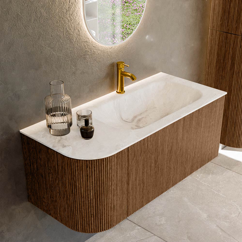 MONDIAZ KURVE-DLUX 105cm badmeubel ronding Links kleur Walnut met 1 lade en 1 deur. Wastafel BIG SMALL Rechts 1 kraangat Frappe.