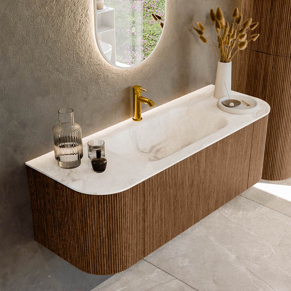 MONDIAZ KURVE-DLUX 130cm badmeubel ronding Links + Rechts kleur Walnut met 1 lade en 2 deuren. Wastafel BIG SMALL Midden 1 kraangat Frappe.