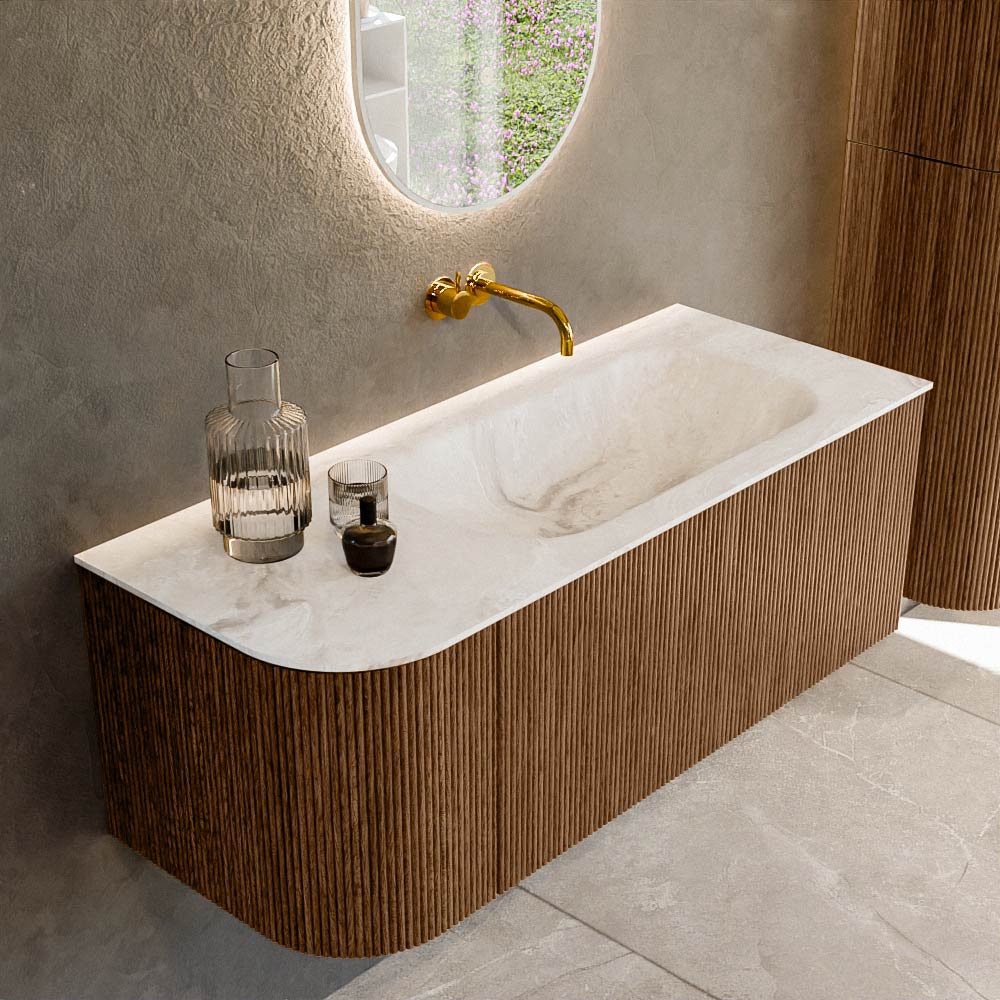 MONDIAZ KURVE-DLUX 115cm badmeubel ronding Links kleur Walnut met 1 lade en 1 deur. Wastafel BIG SMALL Rechts zonder kraangat Frappe.