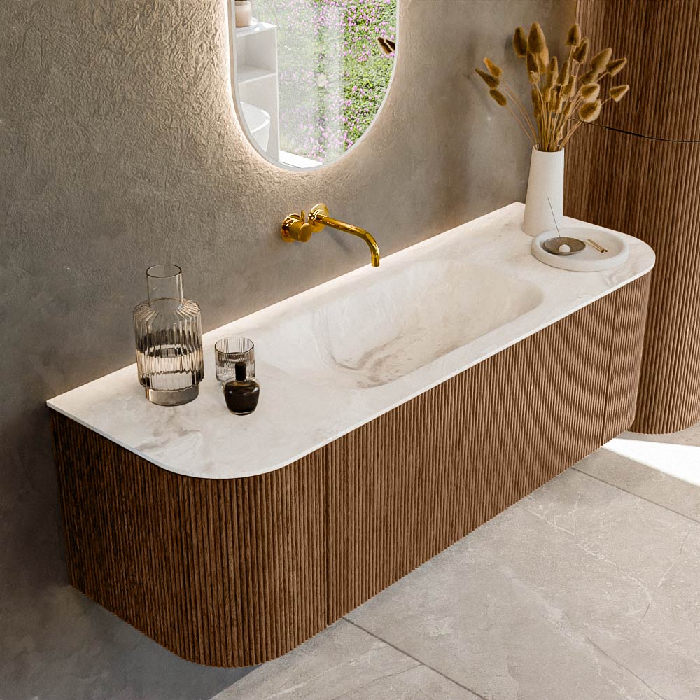 MONDIAZ KURVE-DLUX 140cm badmeubel ronding Links + Rechts kleur Walnut met 1 lade en 2 deuren. Wastafel BIG SMALL Midden zonder kraangat Frappe.