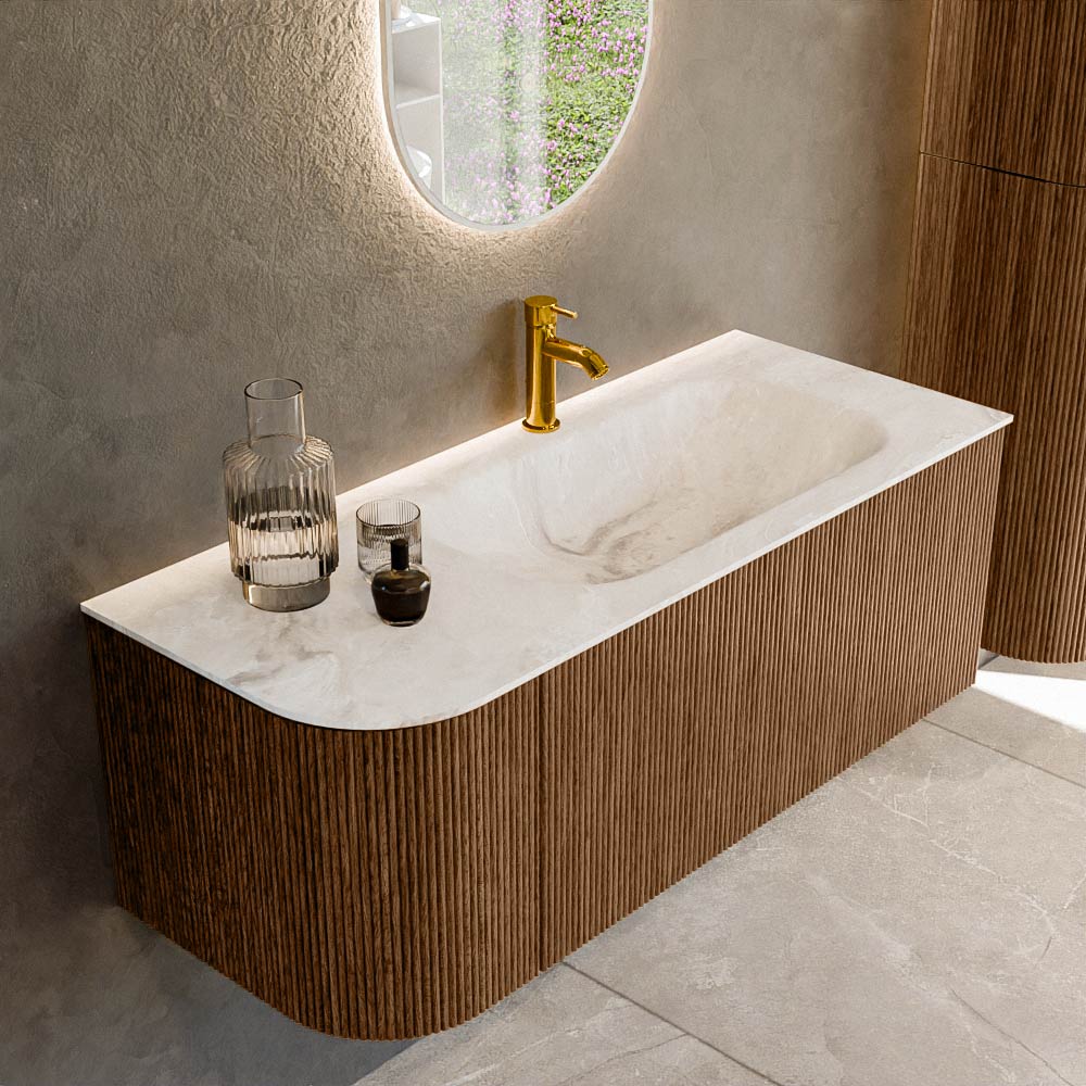 MONDIAZ KURVE-DLUX 115cm badmeubel ronding Links kleur Walnut met 1 lade en 1 deur. Wastafel BIG SMALL Rechts 1 kraangat Frappe.