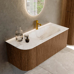MONDIAZ KURVE-DLUX 115cm badmeubel ronding Links kleur Walnut met 1 lade en 1 deur. Wastafel BIG SMALL Rechts 1 kraangat Frappe.