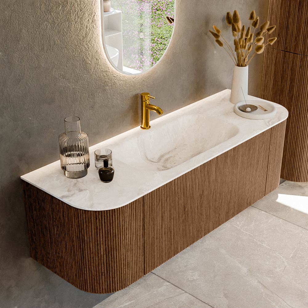 MONDIAZ KURVE-DLUX 140cm badmeubel ronding Links + Rechts kleur Walnut met 1 lade en 2 deuren. Wastafel BIG SMALL Midden 1 kraangat Frappe.