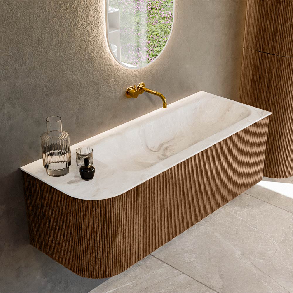 MONDIAZ KURVE-DLUX 125cm badmeubel ronding Links kleur Walnut met 1 lade en 1 deur. Wastafel BIG MEDIUM Rechts zonder kraangat Frappe.
