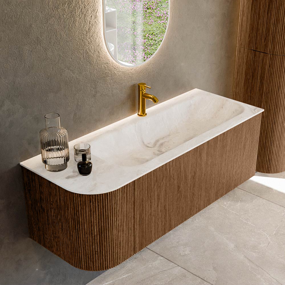 MONDIAZ KURVE-DLUX 125cm badmeubel ronding Links kleur Walnut met 1 lade en 1 deur. Wastafel BIG MEDIUM Rechts 1 kraangat Frappe.