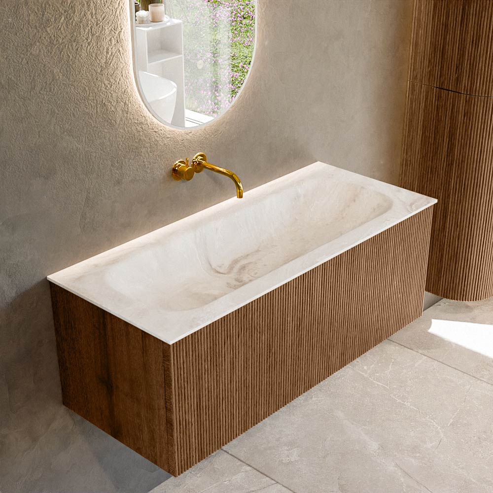 MONDIAZ KURVE-DLUX 110cm badmeubel kleur Walnut met 1 lade en 0 deuren. Wastafel BIG MEDIUM Midden zonder kraangat Frappe.