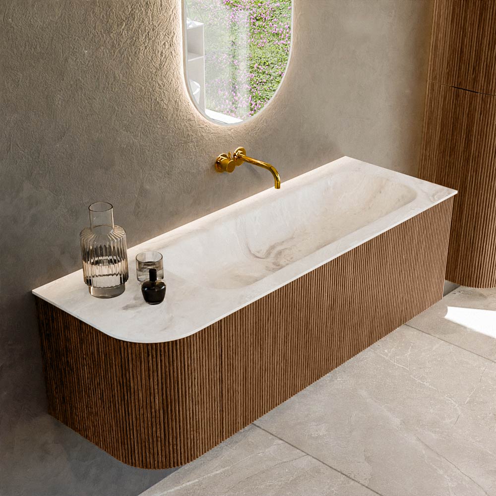 MONDIAZ KURVE-DLUX 135cm badmeubel ronding Links kleur Walnut met 1 lade en 1 deur. Wastafel BIG MEDIUM Rechts zonder kraangat Frappe.