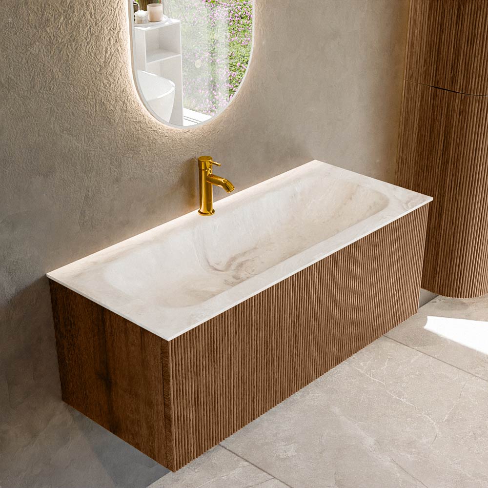 MONDIAZ KURVE-DLUX 110cm badmeubel kleur Walnut met 1 lade en 0 deuren. Wastafel BIG MEDIUM Midden 1 kraangat Frappe.