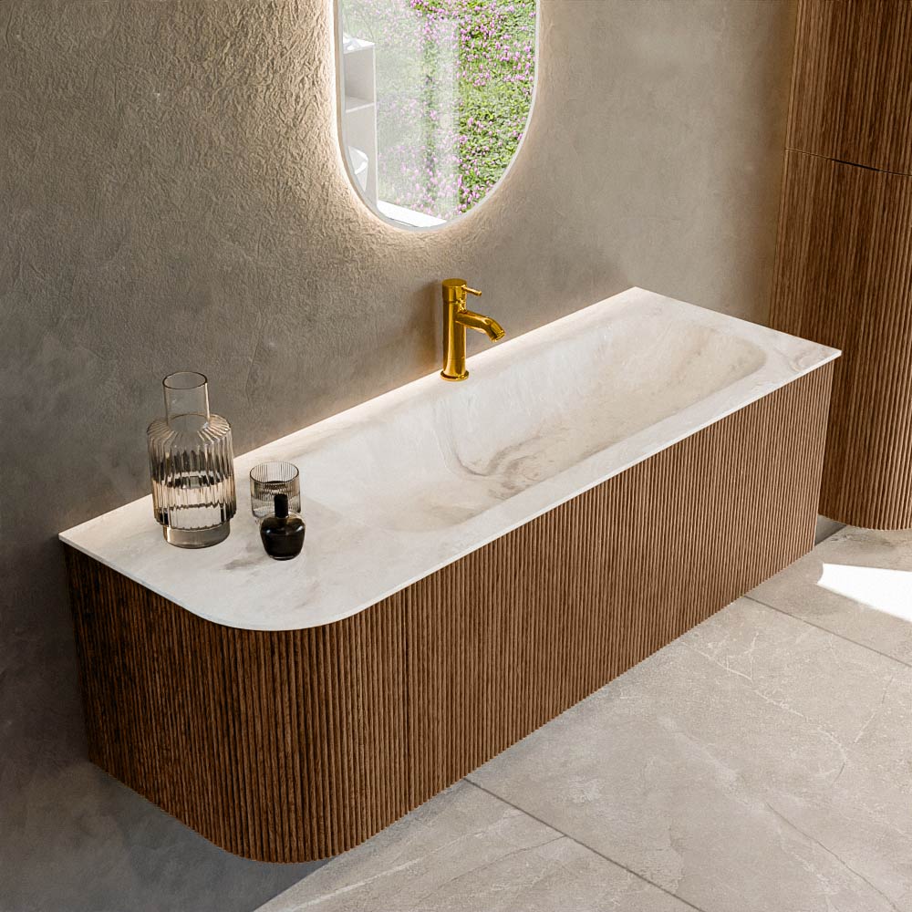 MONDIAZ KURVE-DLUX 135cm badmeubel ronding Links kleur Walnut met 1 lade en 1 deur. Wastafel BIG MEDIUM Rechts 1 kraangat Frappe.