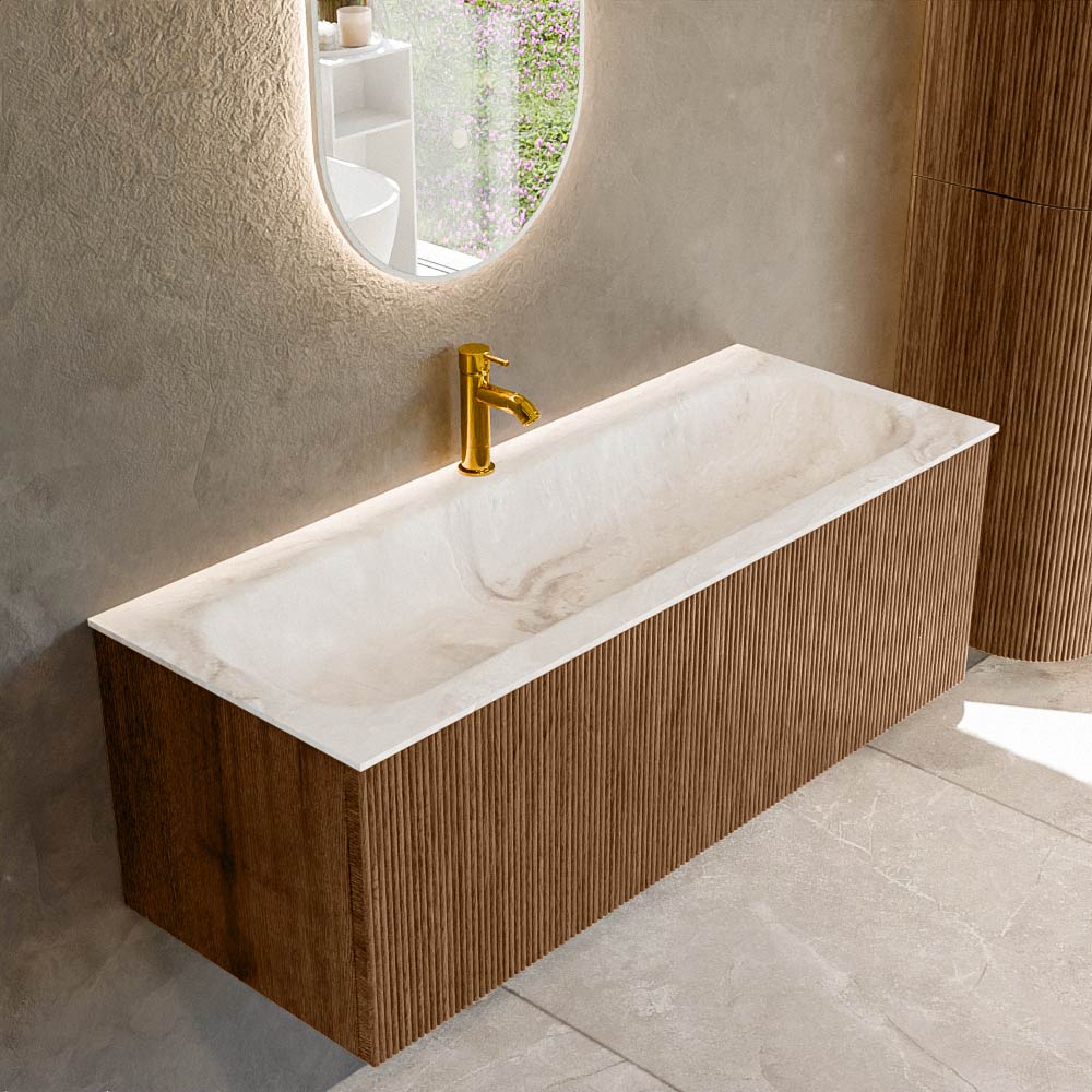 MONDIAZ KURVE-DLUX 120cm badmeubel kleur Walnut met 1 lade en 0 deuren. Wastafel BIG LARGE Midden 1 kraangat Frappe.