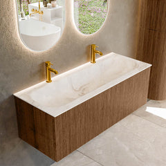MONDIAZ KURVE-DLUX 120cm badmeubel kleur Walnut met 1 lade en 0 deuren. Wastafel BIG LARGE Midden 2 kraangaten Frappe.