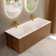 MONDIAZ KURVE-DLUX 120cm badmeubel kleur Walnut met 1 lade en 0 deuren. Wastafel LEAF Dubbel 2 kraangaten Frappe.
