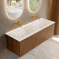 MONDIAZ KURVE-DLUX 130cm badmeubel kleur Walnut met 2 lades en 0 deuren. Wastafel LEAF Dubbel zonder kraangat Frappe.