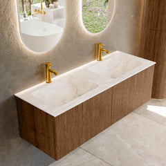 MONDIAZ KURVE-DLUX 130cm badmeubel kleur Walnut met 2 lades en 0 deuren. Wastafel LEAF Dubbel 2 kraangaten Frappe.