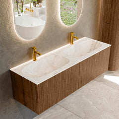 MONDIAZ KURVE-DLUX 140cm badmeubel kleur Walnut met 2 lades en 0 deuren. Wastafel STOR SMALL Dubbel 2 kraangaten Frappe.