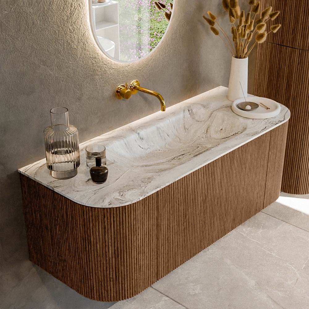 MONDIAZ KURVE-DLUX 120cm badmeubel ronding Links + Rechts kleur Walnut met 1 lade en 2 deuren. Wastafel BIG SMALL Midden zonder kraangat Glace.